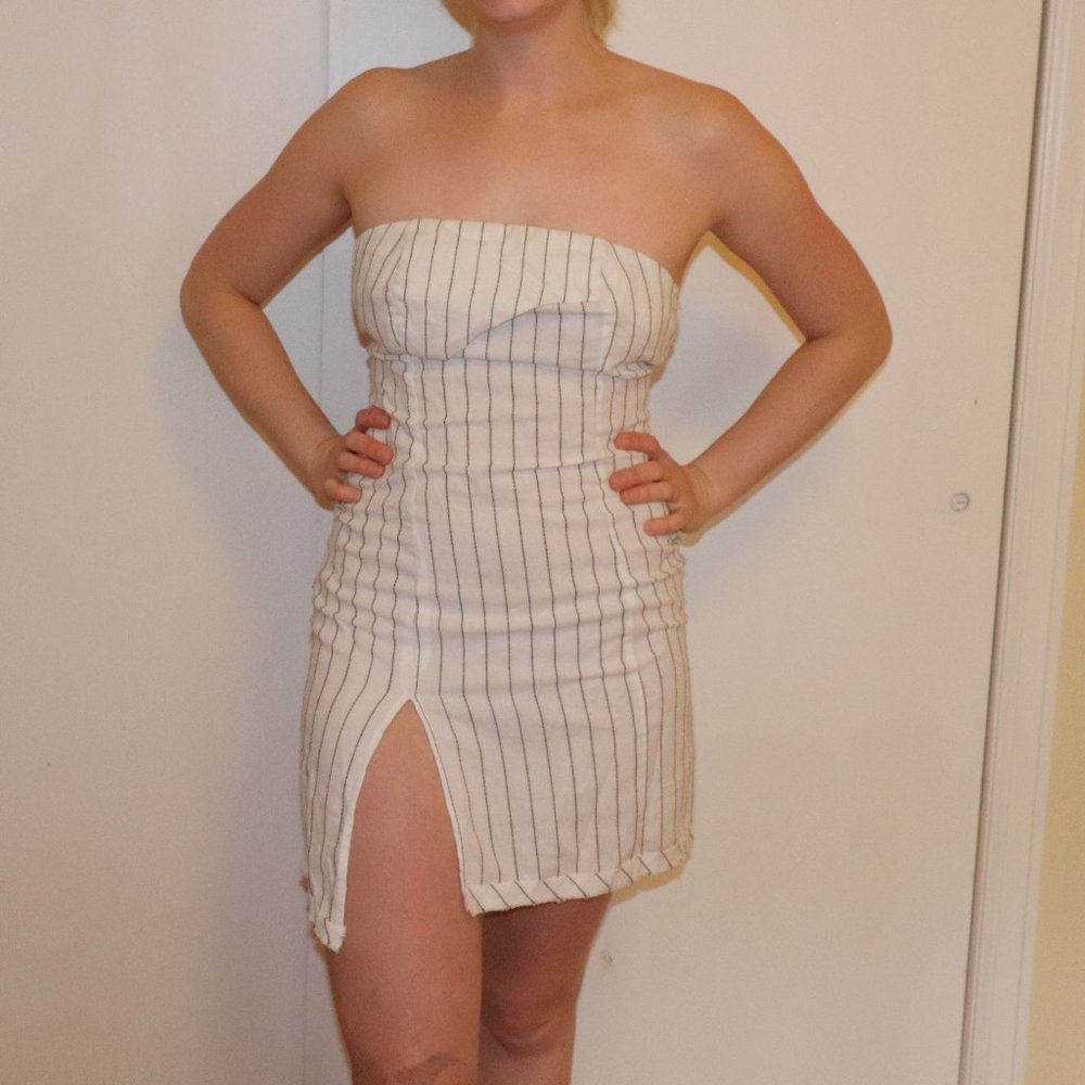 White Striped Strapless Linen Mini Dress